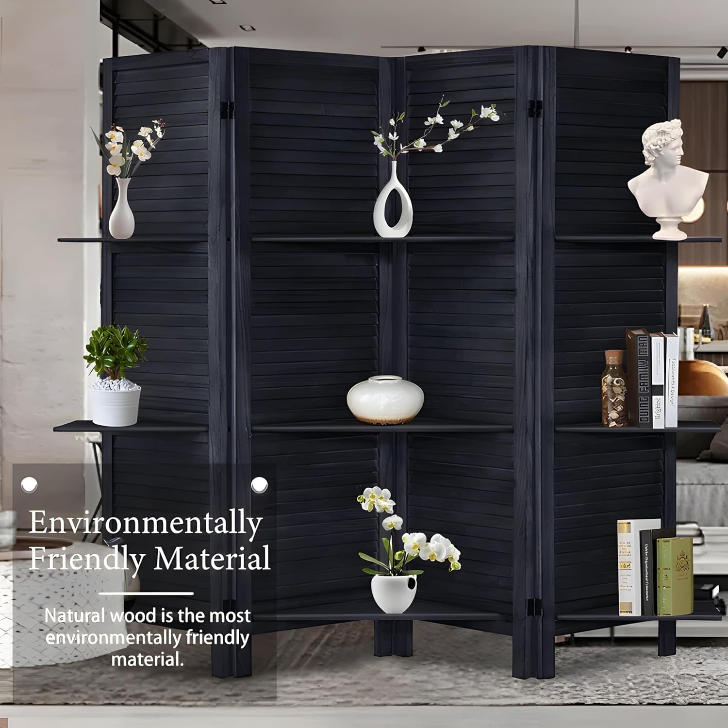 KRAFTEE Wooden Room Divider Partition-Foldable Wood Screen Divider for Office, Restaurant, Living Room, Bedroom, and Patti Design - Four Panels with Three Shelves-Black