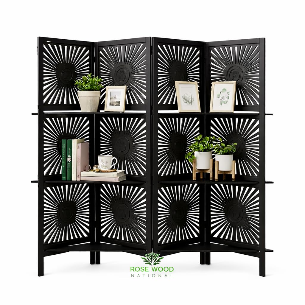 Wooden Room Divider 6 Feet, 4-Panel Folding Wooden Partition for Living Room, Office, Pooja Room, Restaurant, Kitchen & Balcony (2W x 1.82H Meters). (White-Cone Pattern)