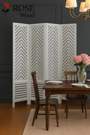 Wooden Room Divider 6 Feet, 4-Panel Folding Wooden Partition for Living Room, Office, Pooja Room, Restaurant, Kitchen & Balcony (2W x 1.82H Meters). (White-Cone Pattern)