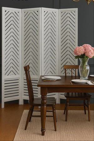 Wooden Room Divider 6 Feet, 4-Panel Folding Wooden Partition for Living Room, Office, Pooja Room, Restaurant, Kitchen & Balcony (2W x 1.82H Meters). (White-Cone Pattern)