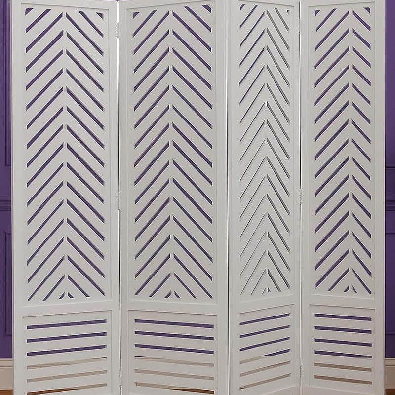 Wooden Room Divider 6 Feet, 4-Panel Folding Wooden Partition for Living Room, Office, Pooja Room, Restaurant, Kitchen & Balcony (2W x 1.82H Meters). (White-Cone Pattern)