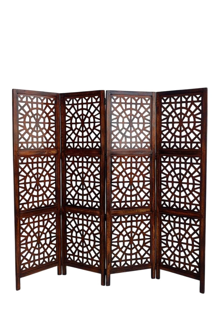 Wooden Room Divider 6 Feet, 4-Panel Folding Wooden Partition for Living Room, Office, Pooja Room, Restaurant, Kitchen & Balcony (2W x 1.82H Meters). (White-Cone Pattern)