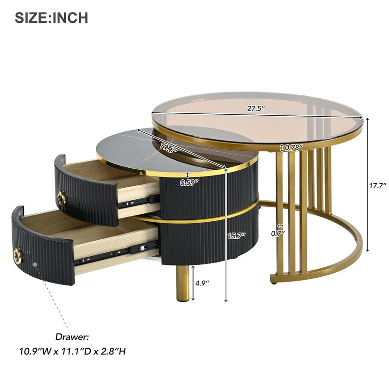 Round Nesting Coffee Table with Tempered Glass, Marble Top & Drawers