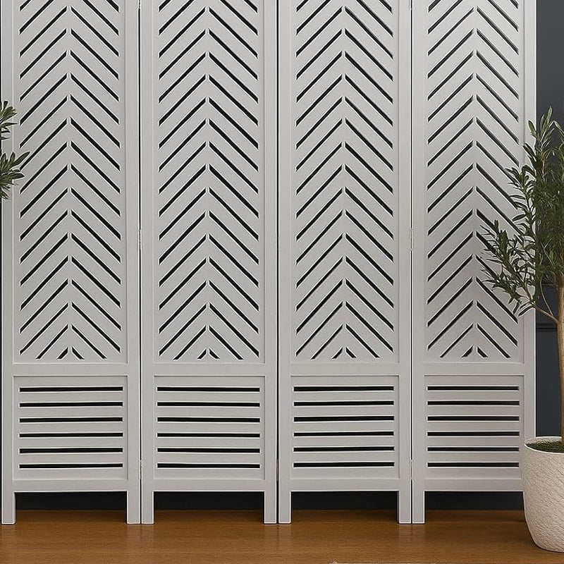 Wooden Room Divider 6 Feet, 4-Panel Folding Wooden Partition for Living Room, Office, Pooja Room, Restaurant, Kitchen & Balcony (2W x 1.82H Meters). (White-Cone Pattern)