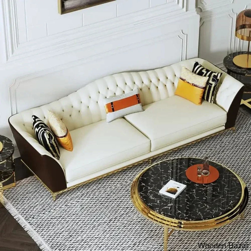 72.8" Faux Leather Upholstered Sofa White and Brown Mid-Century Couch Curved Tufted Back - Wooden Empiro