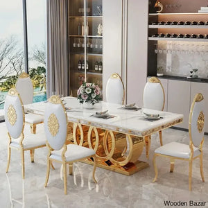 8 Seater Stylish Faux Marble Top Pedestal Dining Set 29.92’’H X 70.87’’L 35.43’’W