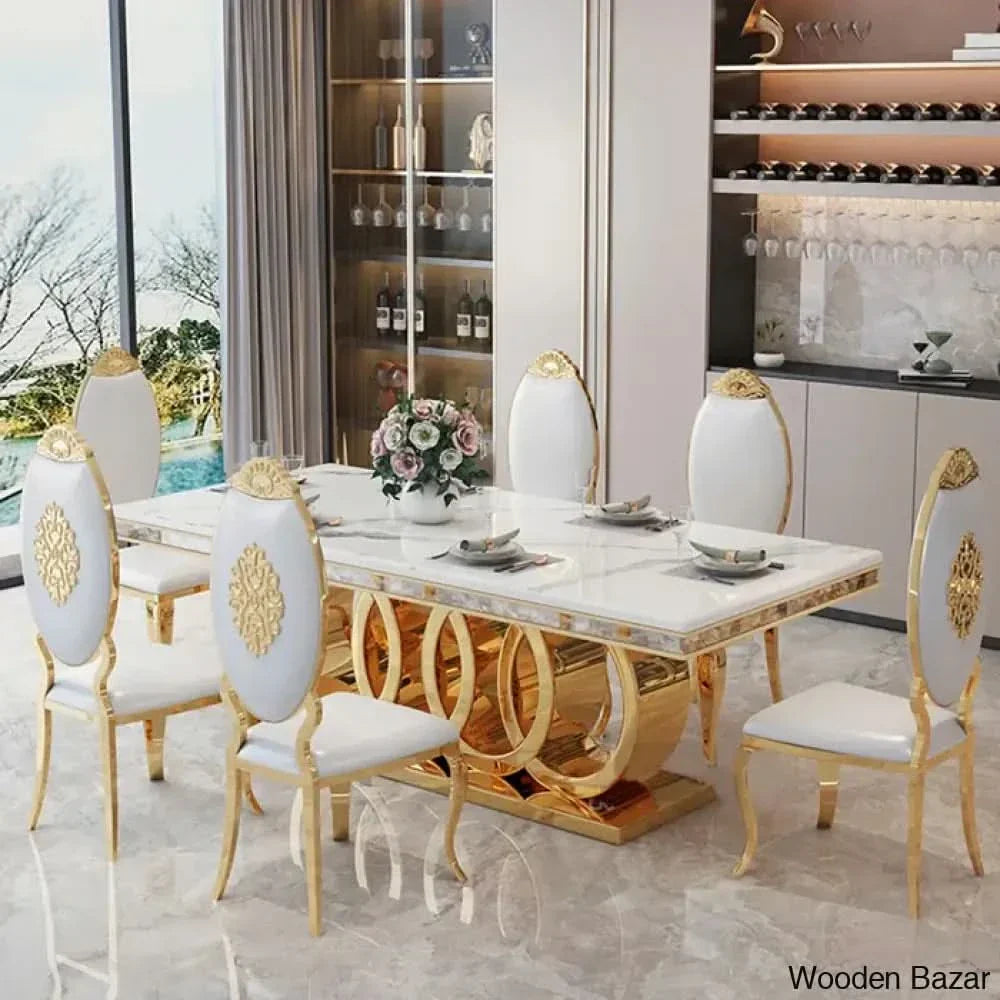 8 Seater Stylish Faux Marble Top Pedestal Dining Set 29.92’’H X 86.61’’L 39.37’’W