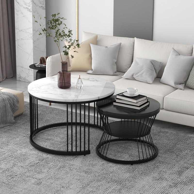NEST NATURE HAVEN Round Coffee Table, Modern Nestings Table Set of 2, Sofa Side Table with Marble Veneer Top and Metal Frame, End Table for Living Room Bedroom Home or Office (Black White)