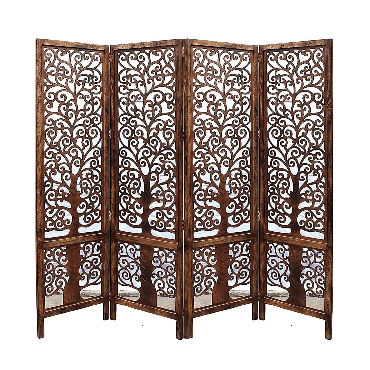 Wooden Room Divider 6 Feet, 4-Panel Folding Wooden Partition for Living Room, Office, Pooja Room, Restaurant, Kitchen & Balcony (2W x 1.82H Meters). (White-Cone Pattern)