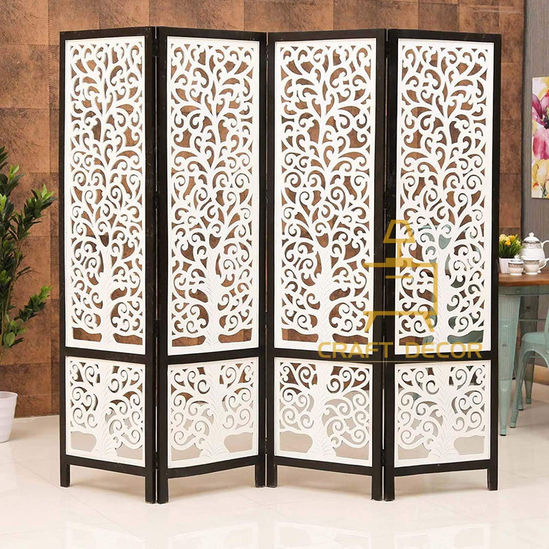 CRAFT DECOR Wooden Partition Screen Separator || Room Divider Traditional Handicrafts 4 Panels for Living Room, Bedroom, Office and Restaurant (Black & White)