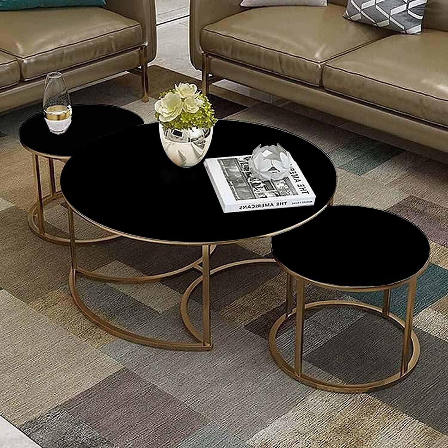 CRAFT DECOR Set Of 3 MDF Top Golden Legs Coffee Tables with  Marble Finishing Top For Living Room, Home Office