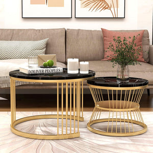 NEST NATURE HAVEN Round Coffee Table, Modern Nestings Table Set of 2, Sofa Side Table with Marble Veneer Top and Metal Frame, End Table for Living Room Bedroom Home or Office (Black White)