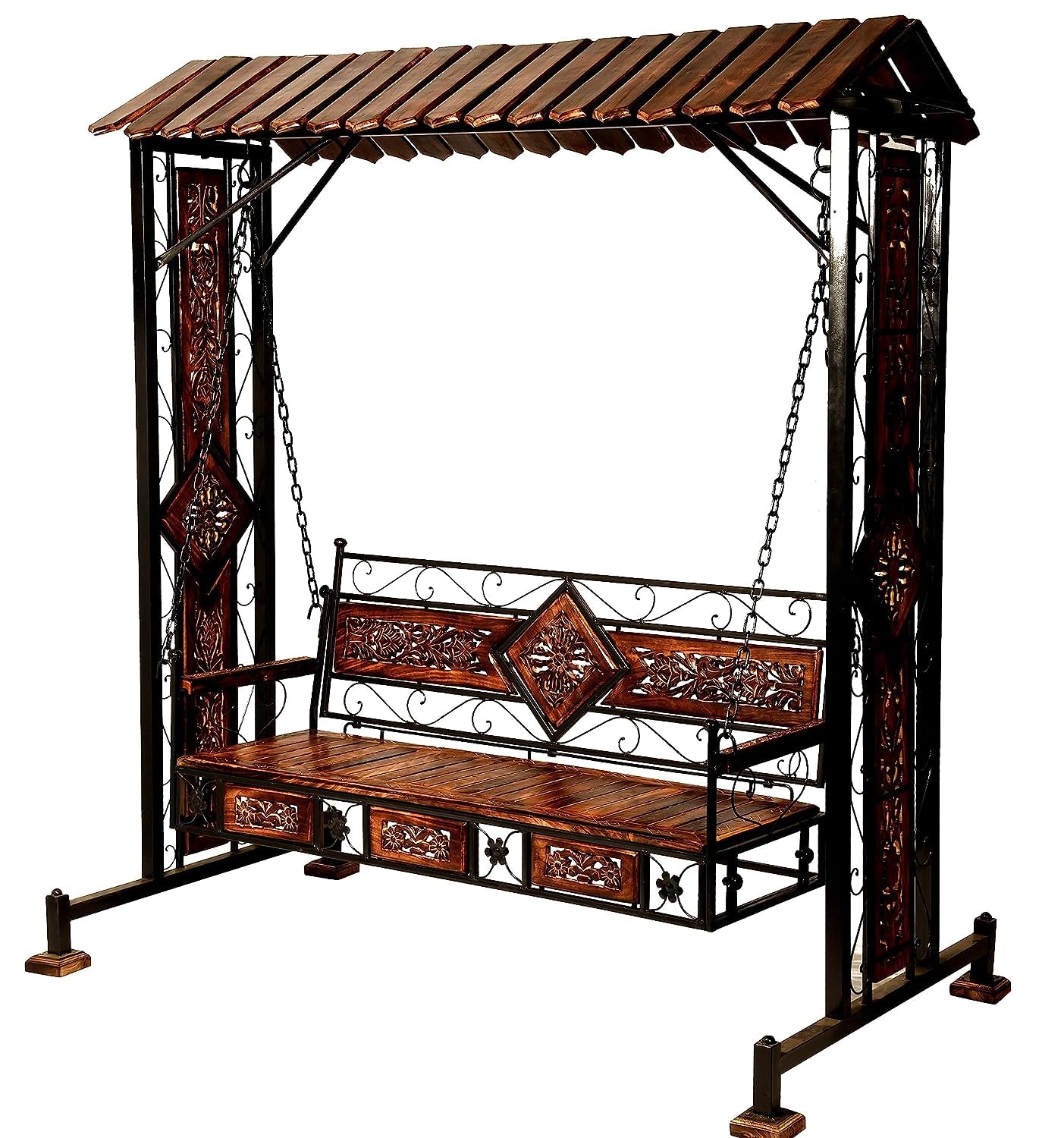 Habiba Arts Habiba Art Store Swing Jhula Chair, Hammock, Outdoor- 3 Seater Solid Wood & Iron Swing Jhoola Swing Jhula, Hammock Jhula, Cradle For Relaxing Outdoor Seating, Brown