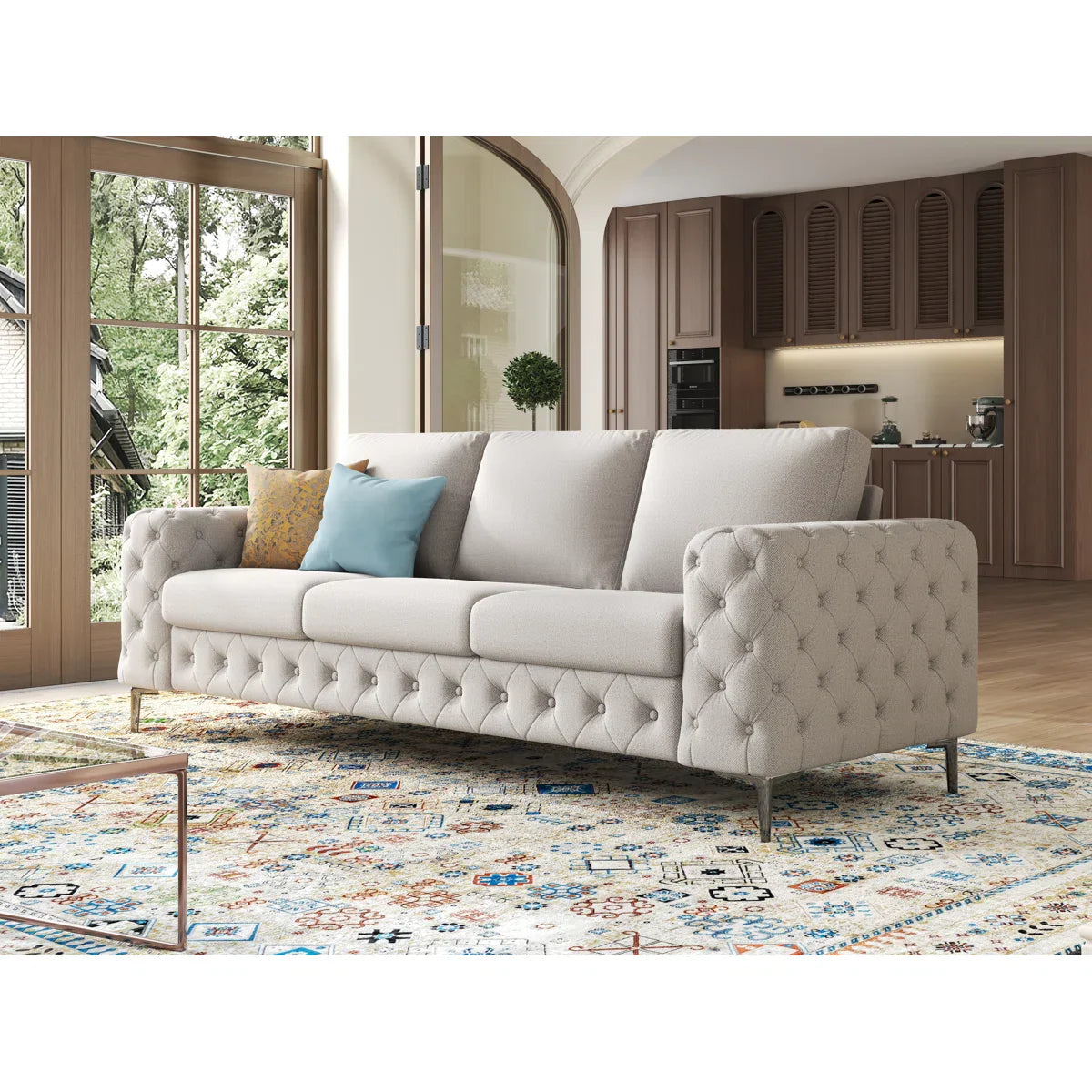 Newwing Modern Button Tufted 3-Seater Sofa With Wide Armrests