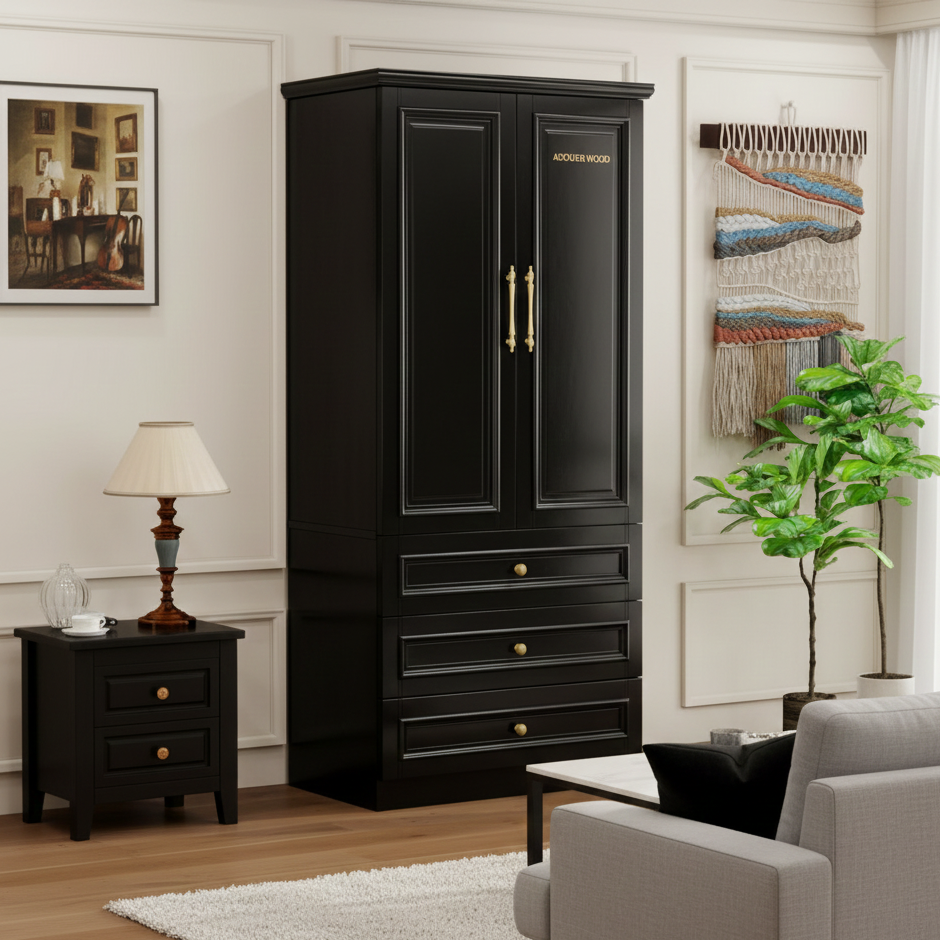 Black wardrobe in a living room setting with furniture and decor.