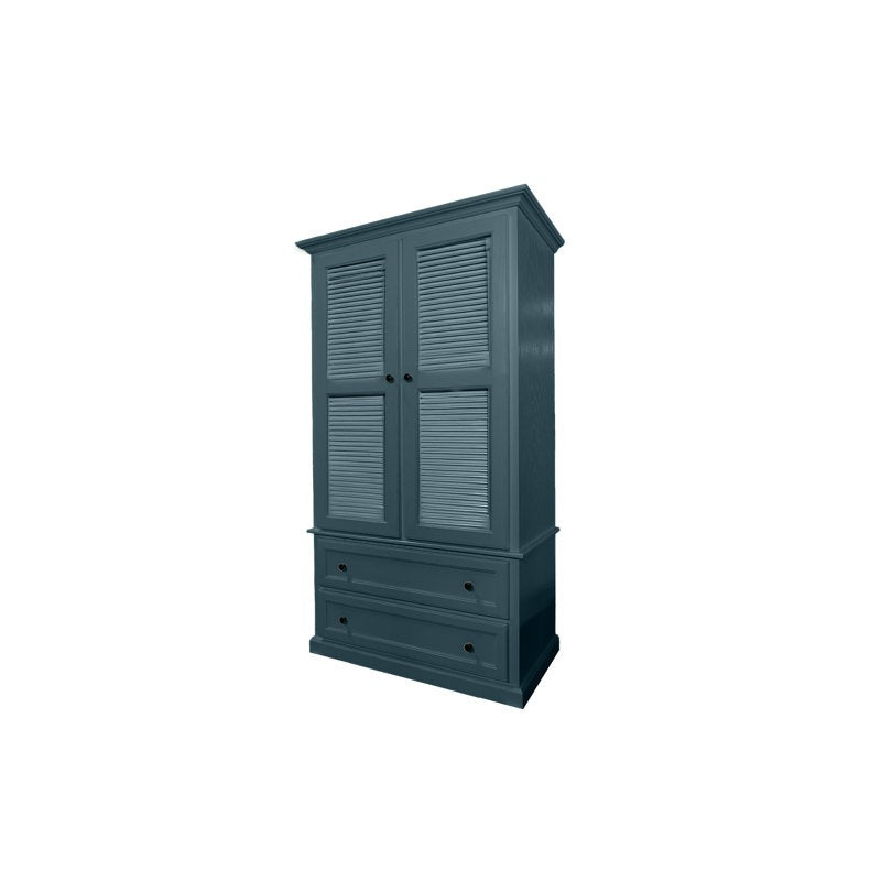 Dark green cabinet with two doors and drawers on a white background