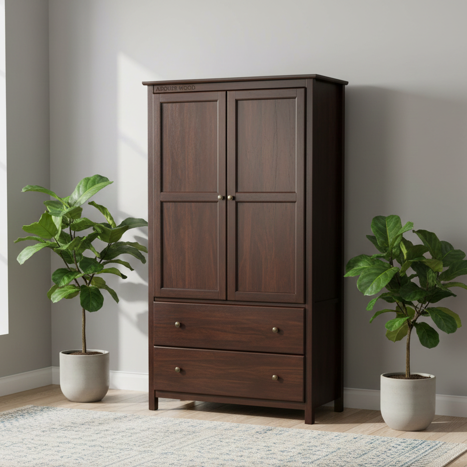 Dark wooden wardrobe with two doors and two drawers in a room with two potted plants.