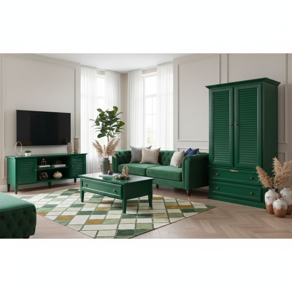 Green living room furniture set with a TV stand, sofa, and cabinet in a bright room.
