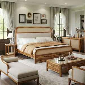 Neatly arranged bedroom with wooden furniture and decor