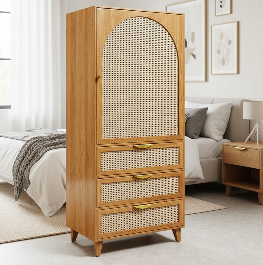 Wooden wardrobe with wicker door and drawers in a bedroom setting