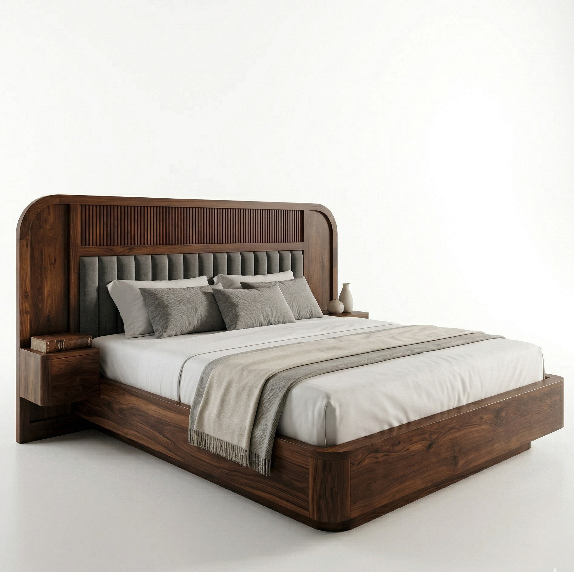 Wooden bed with gray bedding and pillows on a white background