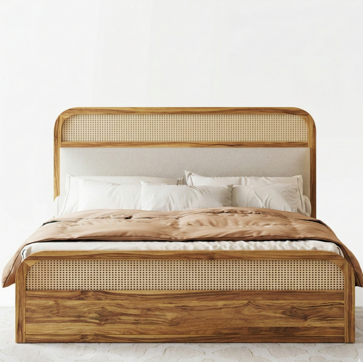 Wooden bed with wicker headboard and footboard on a white background