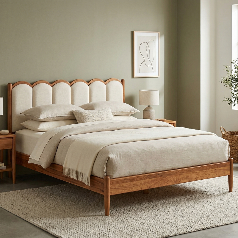 Wooden bed with beige bedding in a bedroom setting