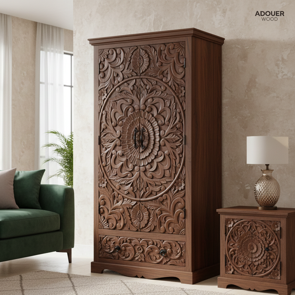 Wooden cabinet with intricate carvings in a living room setting, featuring 'Wooden Empiro' branding.