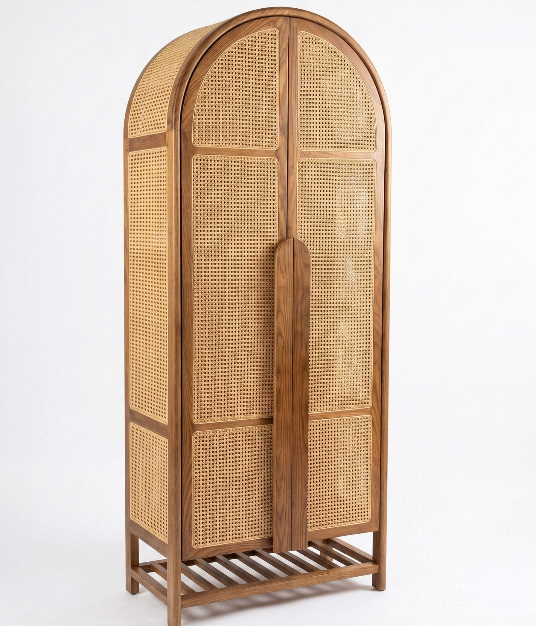 Wooden wardrobe with wicker doors on a white background