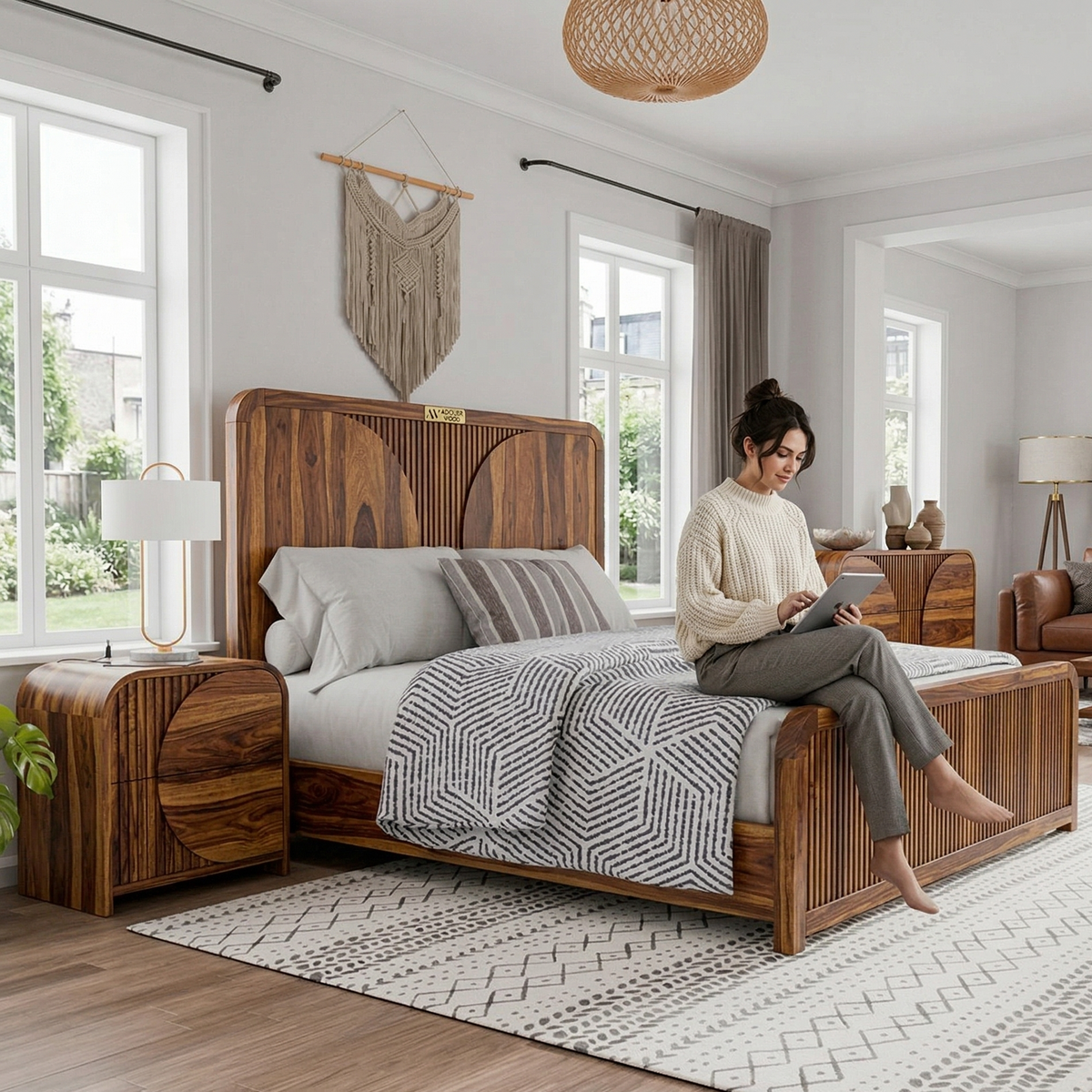 Woman sitting on a wooden bed in a modern bedroom