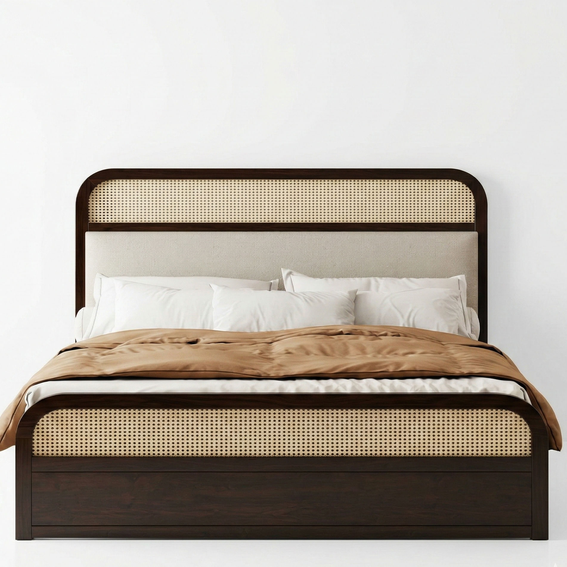 Bed with wicker headboard and footboard on a white background