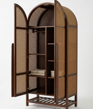 Wooden wardrobe with wicker doors on a white background