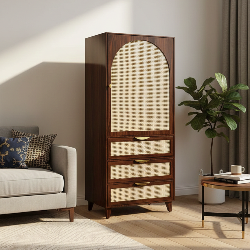 Wooden wardrobe with wicker doors in a living room setting