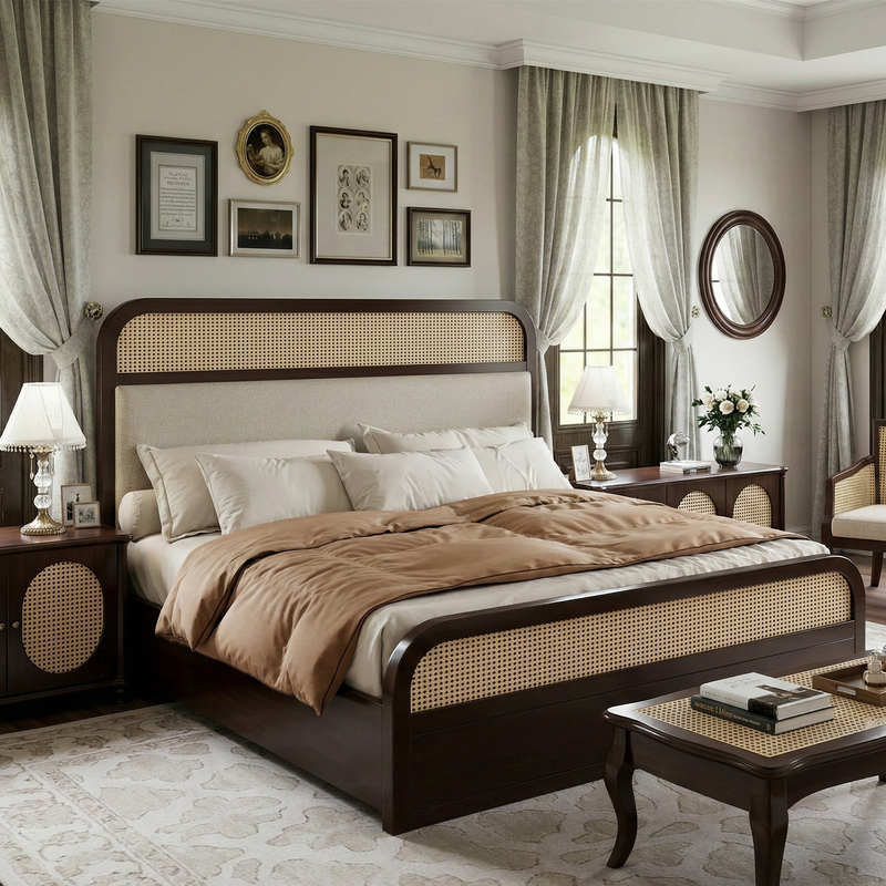 Wooden Empiro Solid Wood Bed Natural Rattan Cane Weave & Upholstered Headboard
