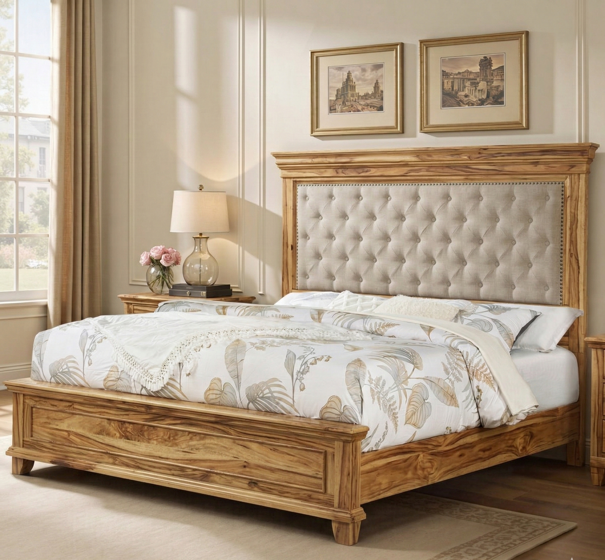 Wooden bed with tufted headboard in a bedroom setting