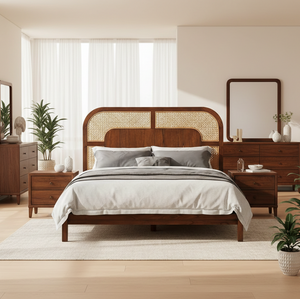 Wooden bed with wicker headboard in a bedroom setting