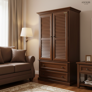 Wooden wardrobe with shutters in a living room setting, featuring a sofa and lamp.
