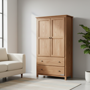 Wooden wardrobe with two doors and two drawers in a room with a sofa and plant.