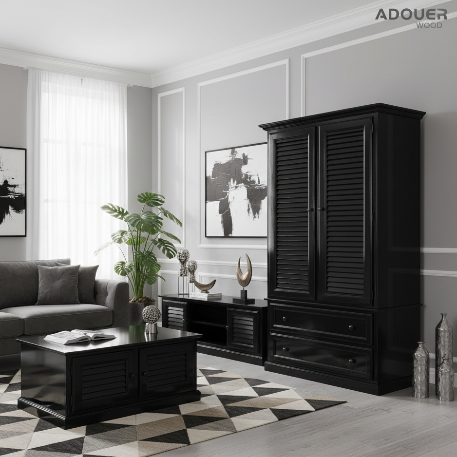 Modern living room with black wardrobe, coffee table, and decor items.
