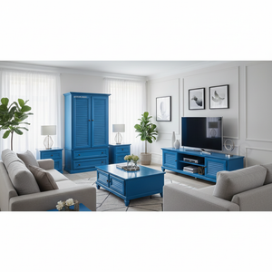 Modern living room with blue furniture and gray sofas.