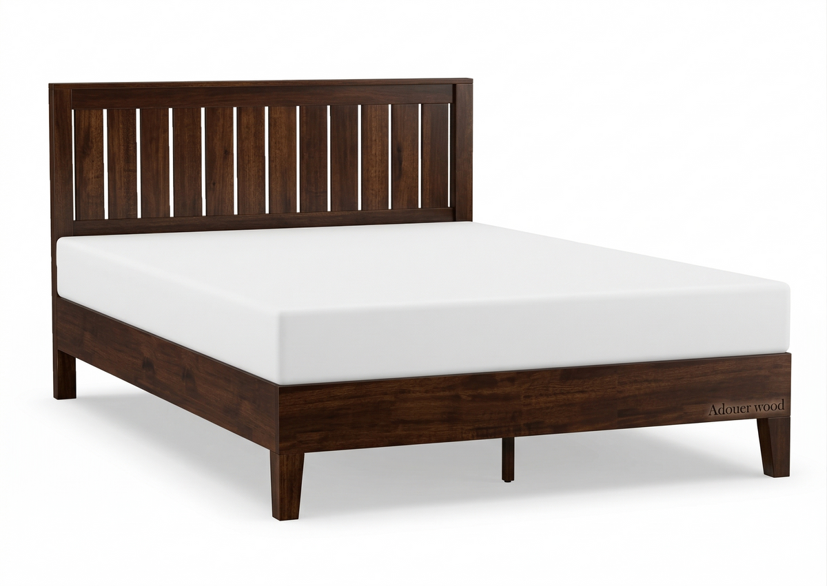 Wooden bed frame with white mattress on a white background