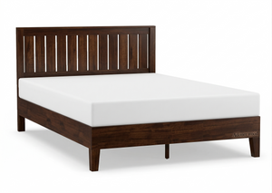 Wooden bed frame with white mattress on a white background