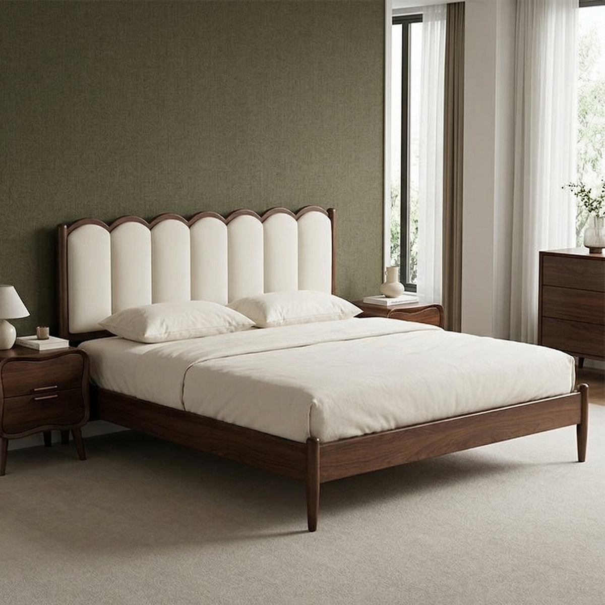 Wooden bed with white bedding in a bedroom setting