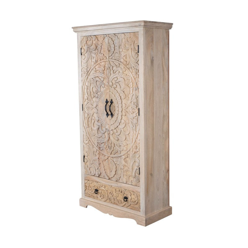 Wooden cabinet with intricate carvings on a white background
