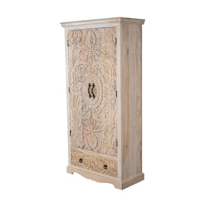Wooden cabinet with intricate carvings on a white background