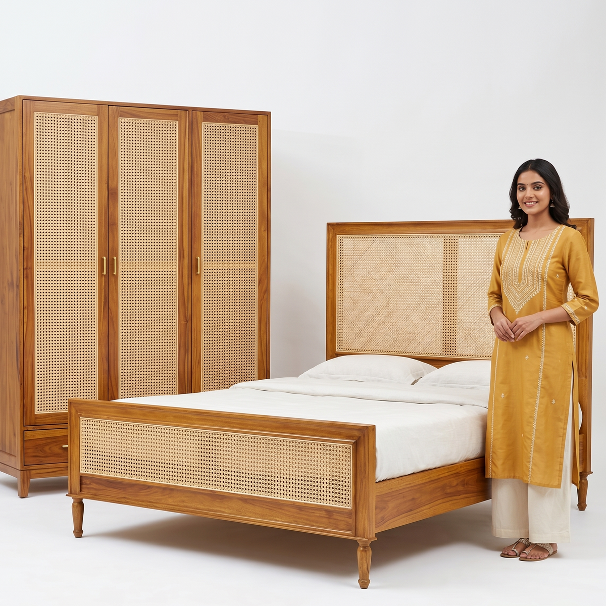 Woman standing next to a wooden bed and wardrobe with wicker detailing.