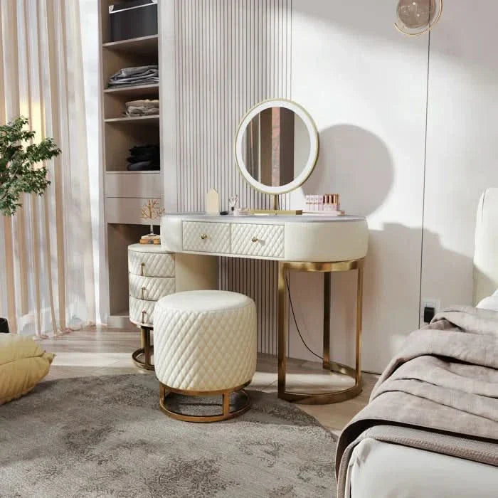 Modern Luxury Vanity Set with Lighted Mirror, Quilted Stool & Gold Accents