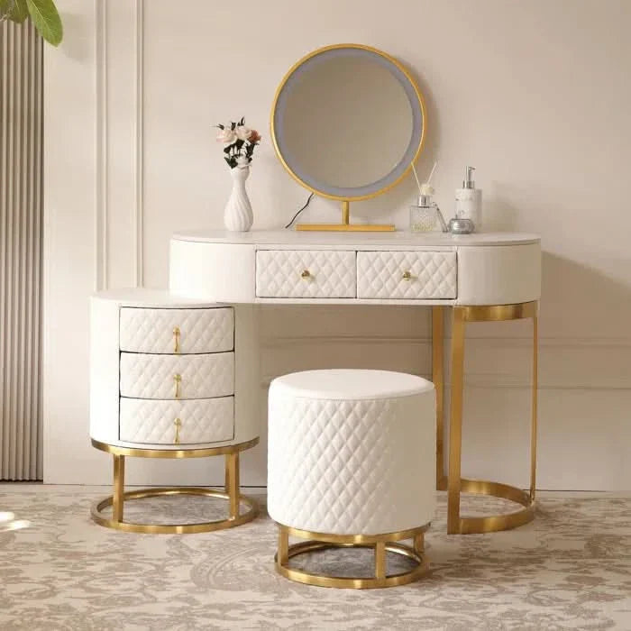 Modern Luxury Vanity Set with Lighted Mirror, Quilted Stool & Gold Accents