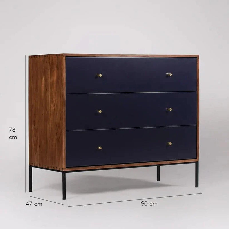 Modern Sheesham Wood 3-Drawer Chest with Midnight Blue Front & Metal Legs