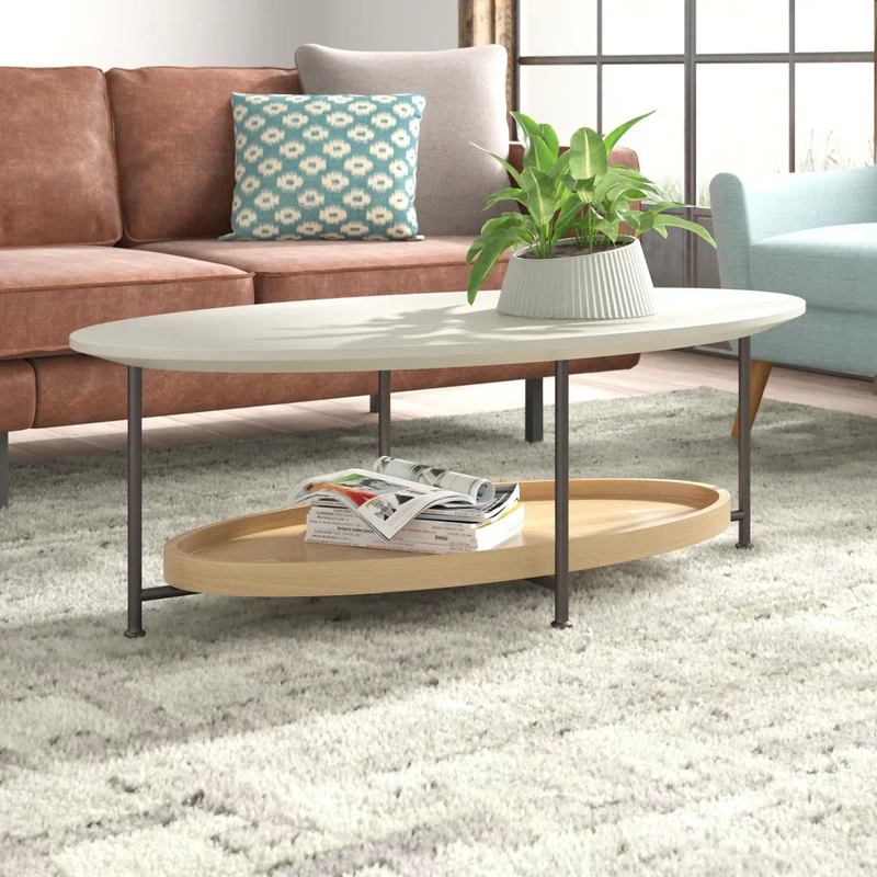Oval Coffee Table with Lower Tray Shelf, White & Natural Wood Finish, Metal Frame